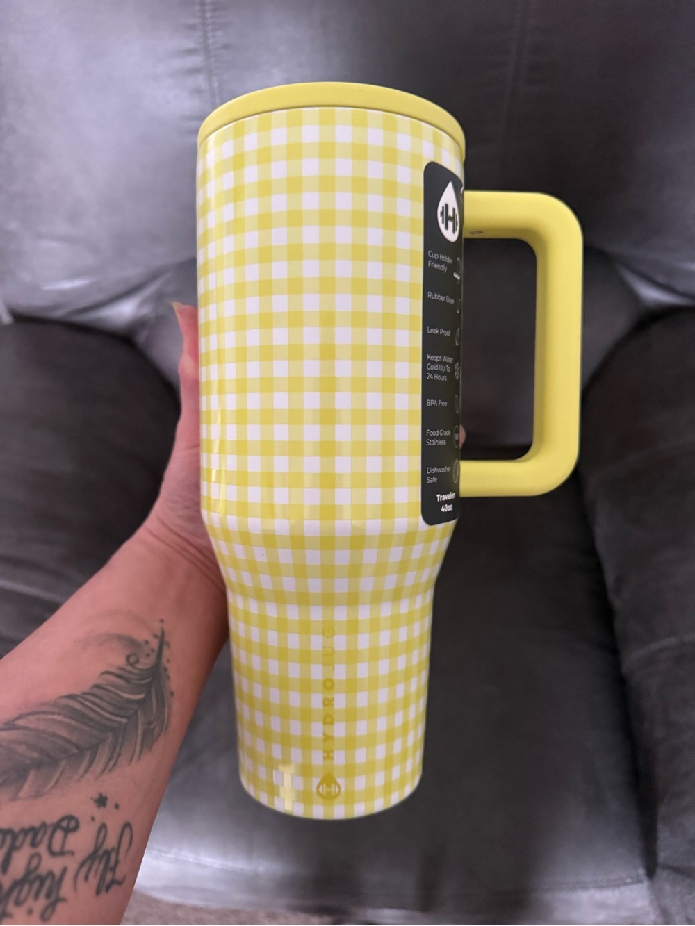 HydroJug Yellow Gingham Travel Tumbler with Handle